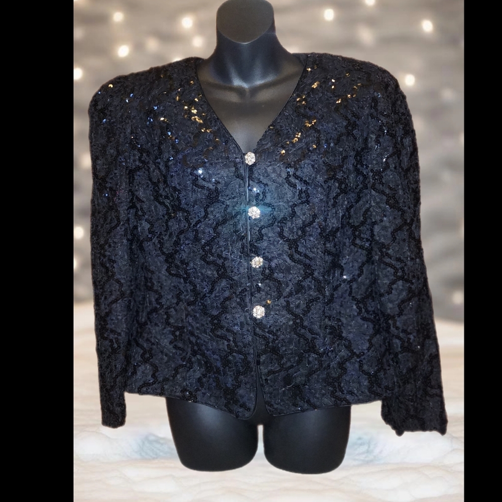 KAREN MILLER NEW YORK VINTAGE BLACK SEQUINS COCKTAIL JACKET